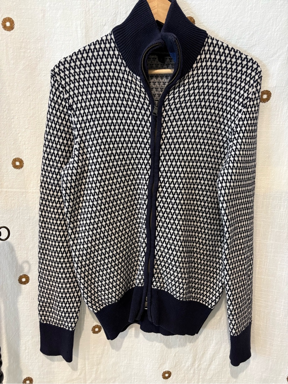 Banana Repbulic Navy and White Knit Double Zip-Front Sweater